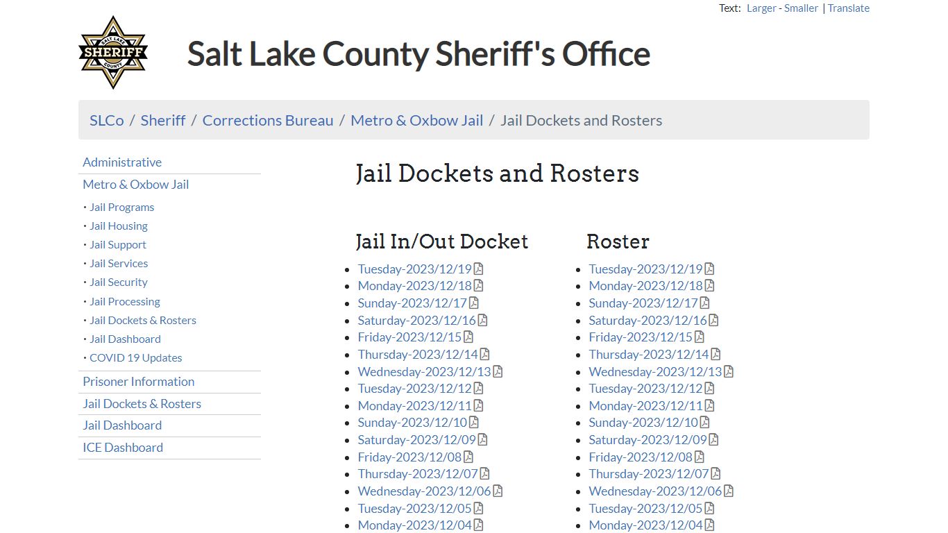 Jail Dockets and Rosters - Sheriff | SLCo - Salt Lake County, Utah